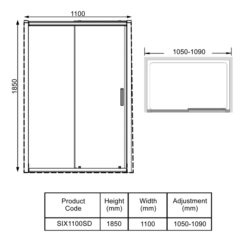 Prestige KV6 Sliding Shower Door 1100mm Wide - 6mm Glass  | Dimension Image