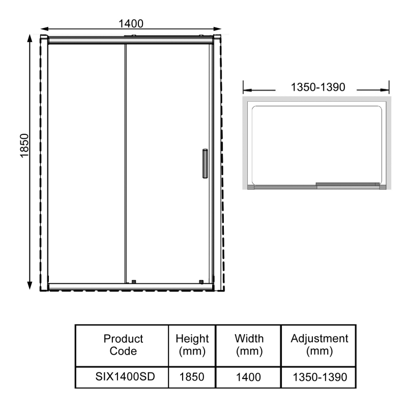 Prestige KV6 Sliding Shower Door 1400mm Wide - 6mm Glass  | Dimension Image