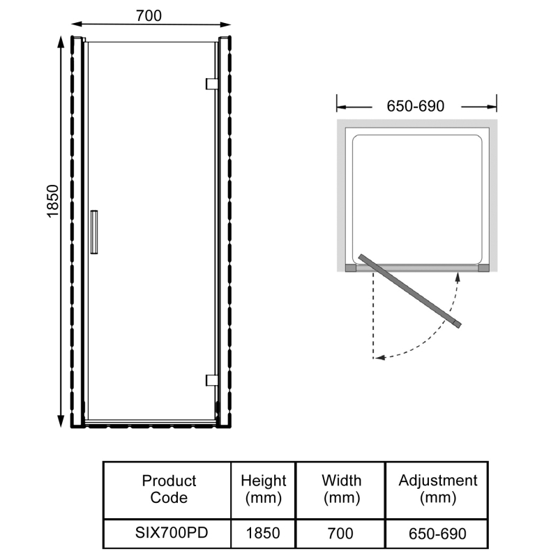 Prestige KV6 Pivot Shower Door 700mm Wide - 6mm Glass  | Dimension Image