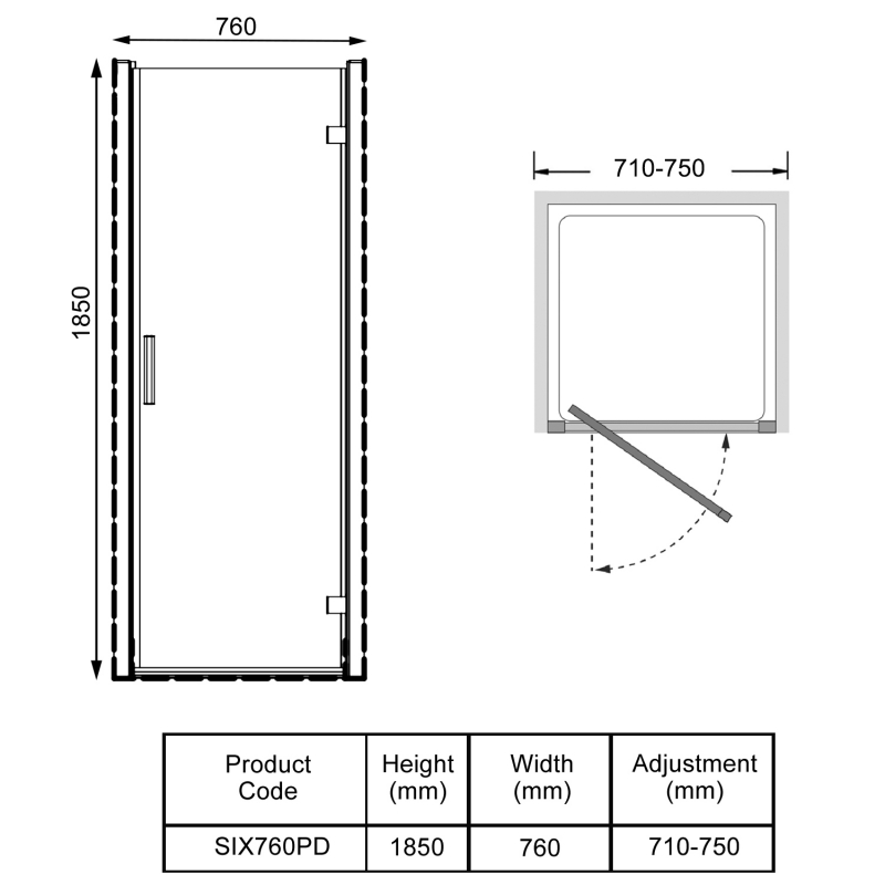 Prestige KV6 Pivot Shower Door 760mm Wide - 6mm Glass  | Dimension Image