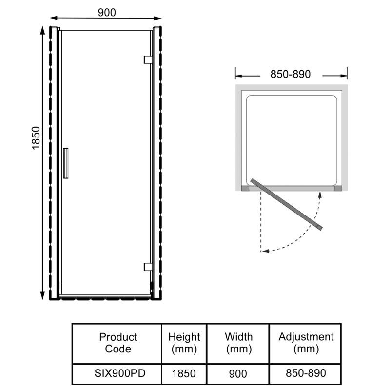 Prestige KV6 Pivot Shower Door 900mm Wide - 6mm Glass  | Dimension Image