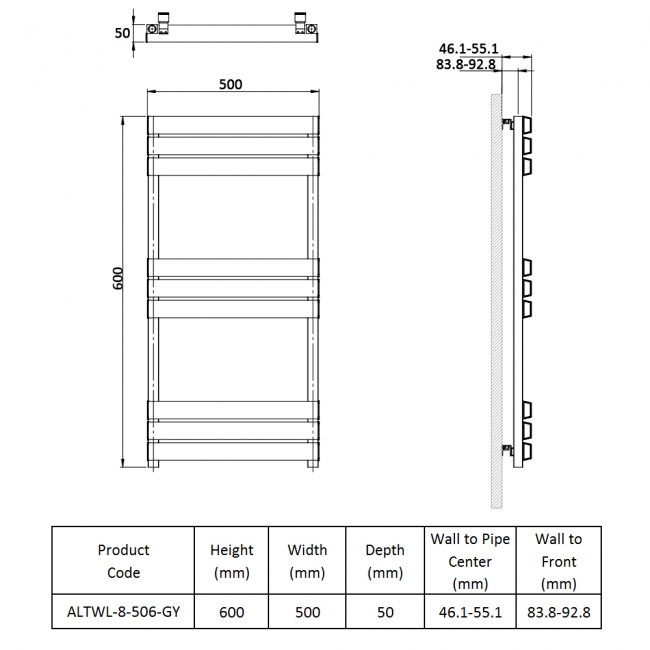 Prestige Langley Designer Heated Towel Rail 600mm H x 500mm W - Grey  | Dimension Image