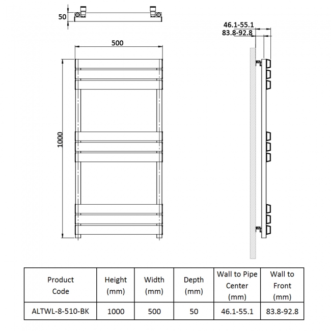 Prestige Langley Designer Heated Towel Rail 1000mm H x 500mm W - Black  | Dimension Image