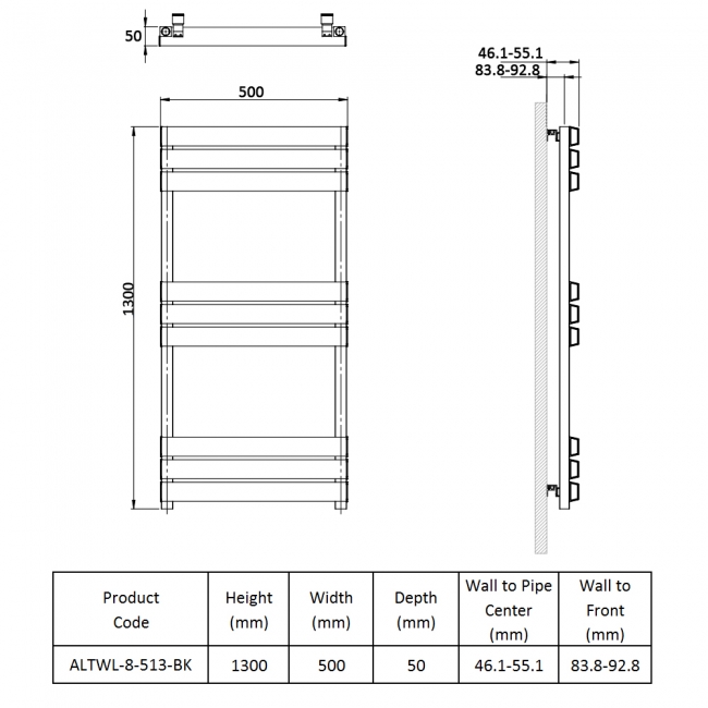 Prestige Langley Designer Heated Towel Rail 1300mm H x 500mm W - Black  | Dimension Image