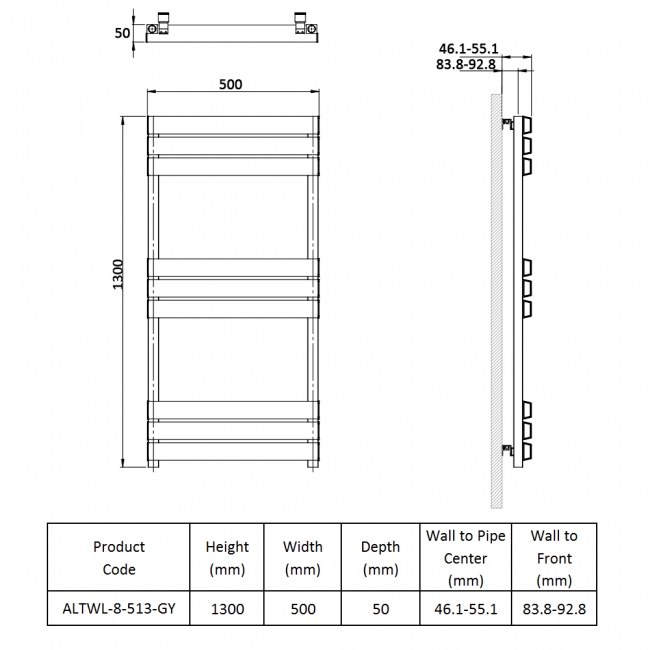 Prestige Langley Designer Heated Towel Rail 1300mm H x 500mm W - Grey  | Dimension Image