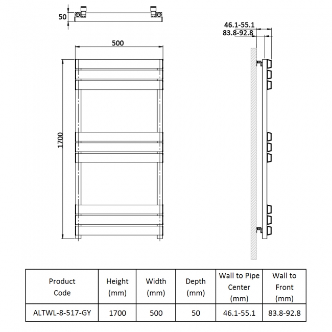 Prestige Langley Designer Heated Towel Rail 1700mm H x 500mm W - Grey  | Dimension Image