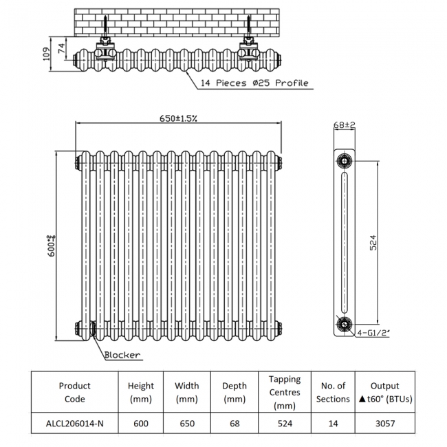 Prestige Laser Klassic 2-Column Radiator 600mm High x 650mm Wide 14 Sections - Anthracite