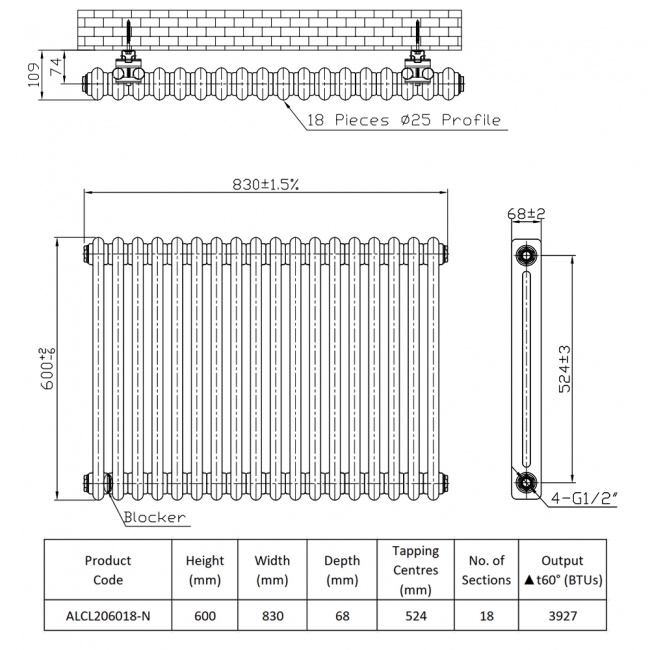 Prestige Laser Klassic 2-Column Radiator 600mm High x 830mm Wide 18 Sections - Anthracite