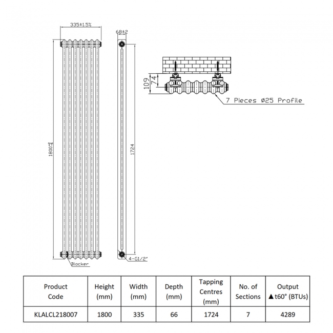 Prestige Laser Klassic 2-Column Radiator 1800mm High x 335mm Wide 7 Sections - Anthracite