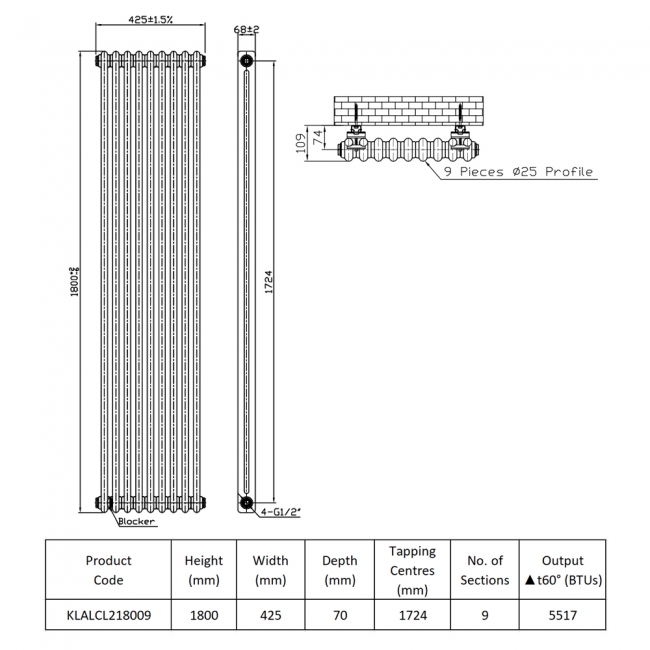 Prestige Laser Klassic 2-Column Radiator 1800mm High x 425mm Wide 9 Sections - Anthracite