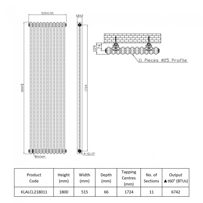 Prestige Laser Klassic 2-Column Radiator 1800mm High x 515mm Wide 11 Sections - Anthracite  | Dimension Image