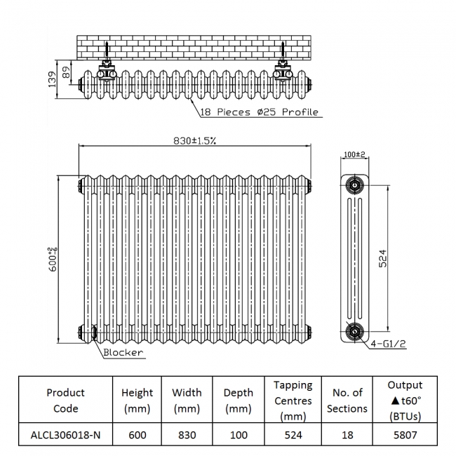 Prestige Laser Klassic 3-Column Radiator 600mm High x 830mm Wide 18 Sections - Anthracite