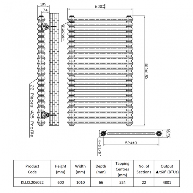 Prestige Tubular 2-Column Radiator 600mm H x 1010mm W 22 Sections - White