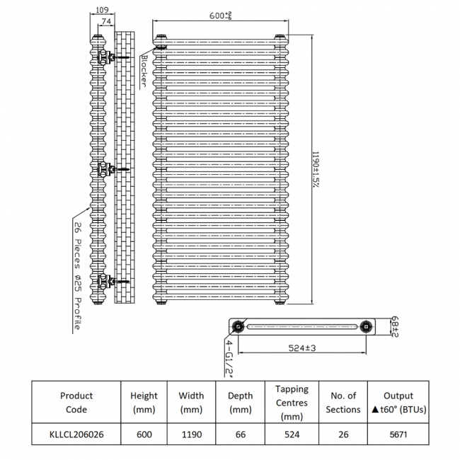 Prestige Tubular 2-Column Radiator 600mm H x 1190mm W 26 Sections - White