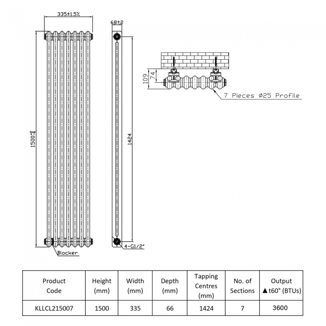 Prestige Tubular 2-Column Radiator 1500mm H x 335mm W 7 Sections - White