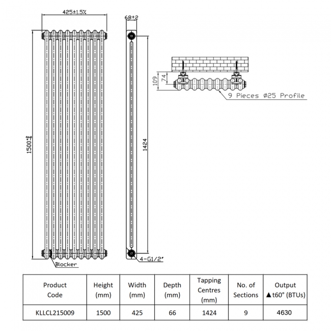 Prestige Tubular 2-Column Radiator 1500mm H x 425mm W 9 Sections - White