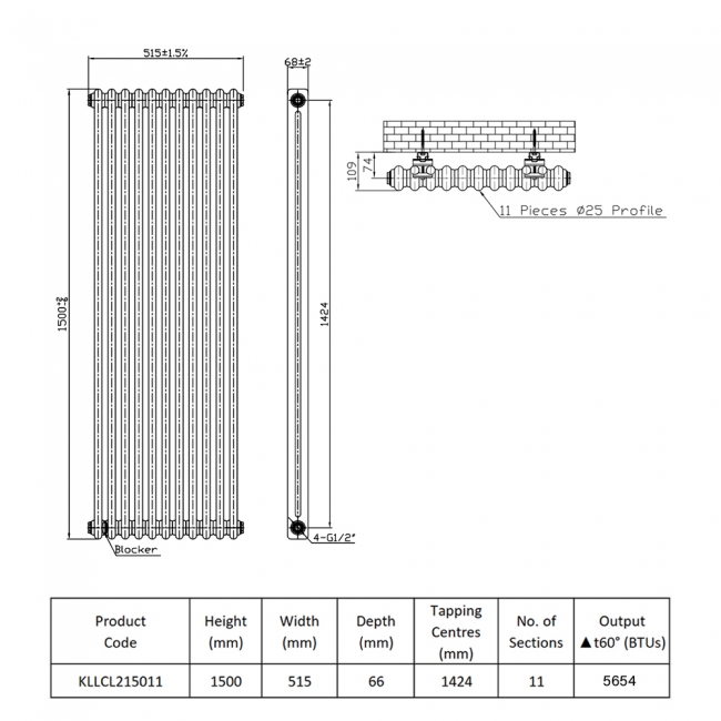 Prestige Tubular 2-Column Radiator 1500mm H x 515mm W 11 Sections - White