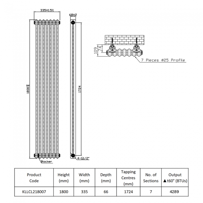 Prestige Tubular 2-Column Radiator 1800mm H x 335mm W 7 Sections - White
