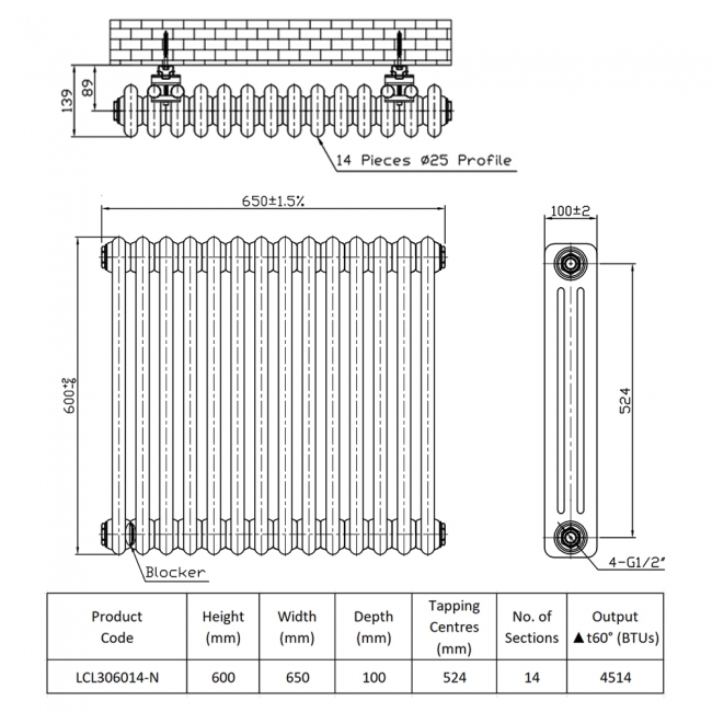Prestige Tubular 3-Column Radiator 600mm H x 650mm W 14 Sections - White