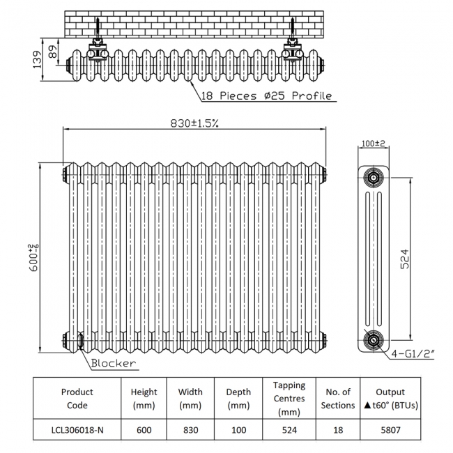 Prestige Tubular 3-Column Radiator 600mm H x 830mm W 18 Sections - White