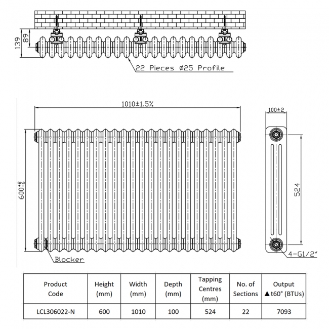 Prestige Tubular 3-Column Radiator 600mm H x 1010mm W 22 Sections - White
