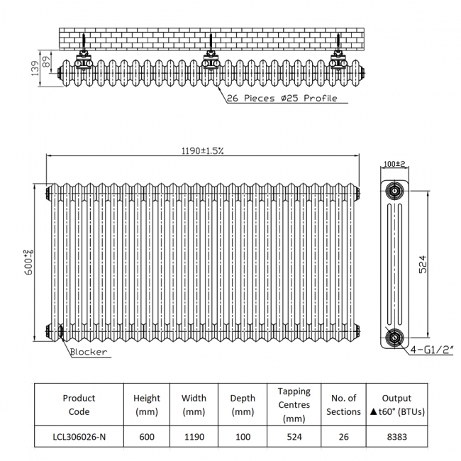 Prestige Tubular 3-Column Radiator 600mm H x 1190mm W 26 Sections - White