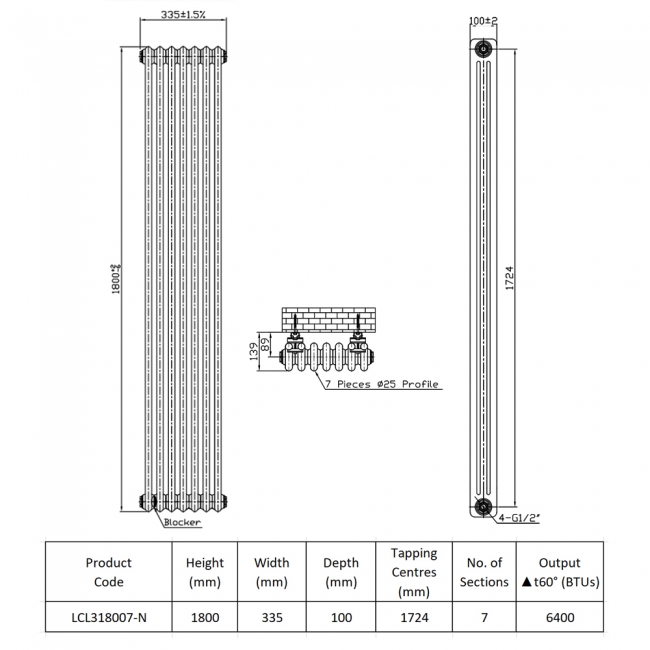 Prestige Tubular 3-Column Radiator 1800mm H x 322mm W 7 Sections - White