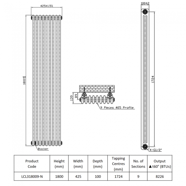Prestige Tubular 3-Column Radiator 1800mm H x 414mm W 9 Sections - White