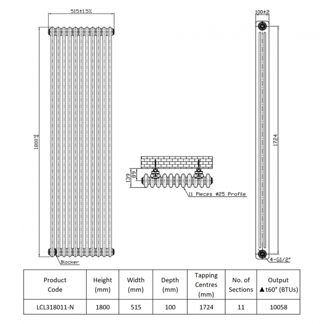 Prestige Tubular 3-Column Radiator 1800mm H x 506mm W 11 Sections - White