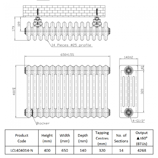 Prestige Tubular 4-Column Radiator 400mm H x 650mm W 14 Sections - White