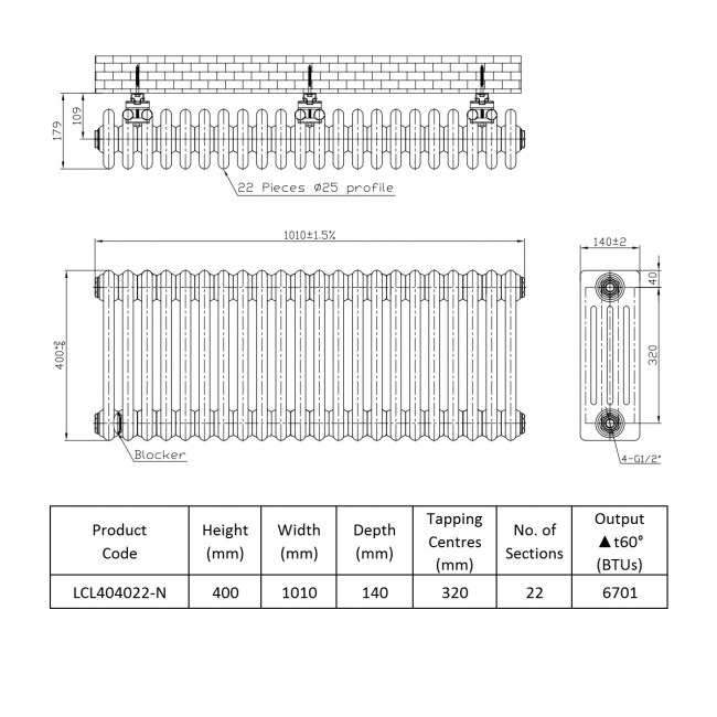 Prestige Tubular 4-Column Radiator 400mm H x 1010mm W 22 Sections - White