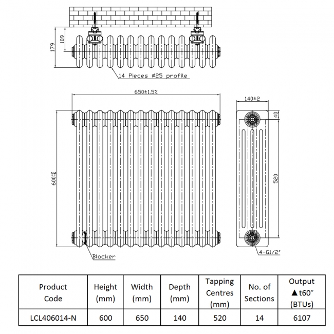 Prestige Tubular 4-Column Radiator 600mm H x 650mm W 14 Sections - White