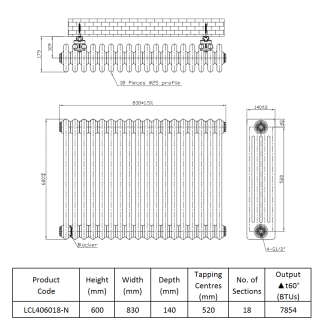 Prestige Tubular 4-Column Radiator 600mm H x 830mm W 18 Sections - White