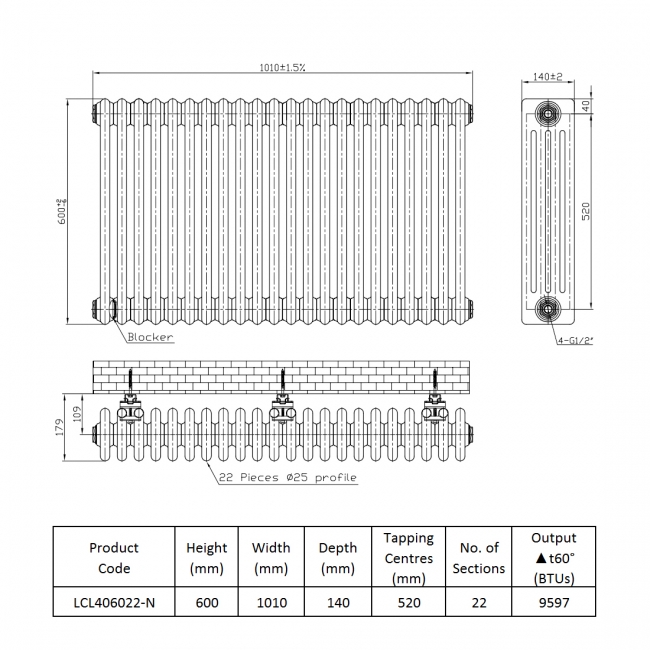 Prestige Tubular 4-Column Radiator 600mm H x 1010mm W 22 Sections - White