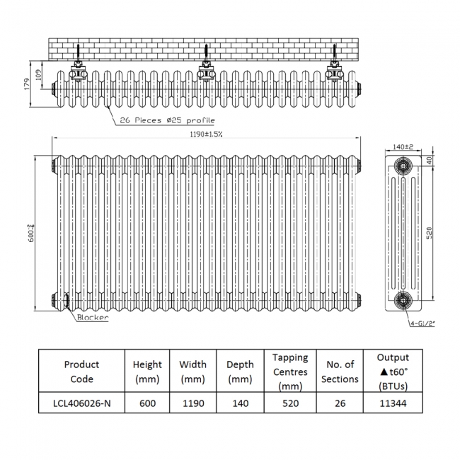Prestige Tubular 4-Column Radiator 600mm H x 1190mm W 26 Sections - White