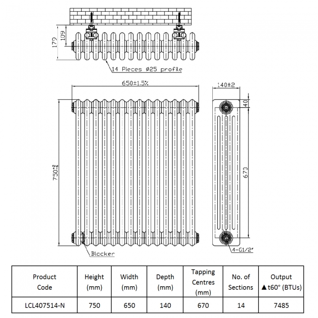 Prestige Tubular 4-Column Radiator 750mm H x 650mm W 14 Sections - White