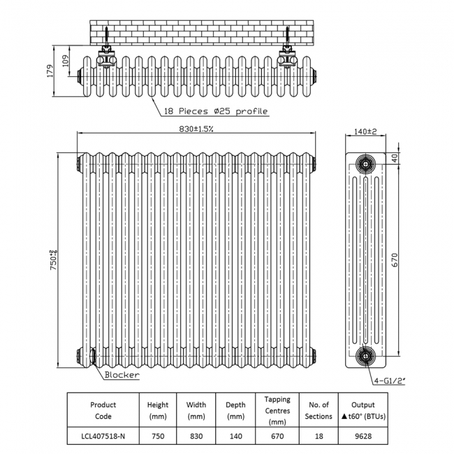 Prestige Tubular 4-Column Radiator 750mm H x 830mm W 18 Sections - White