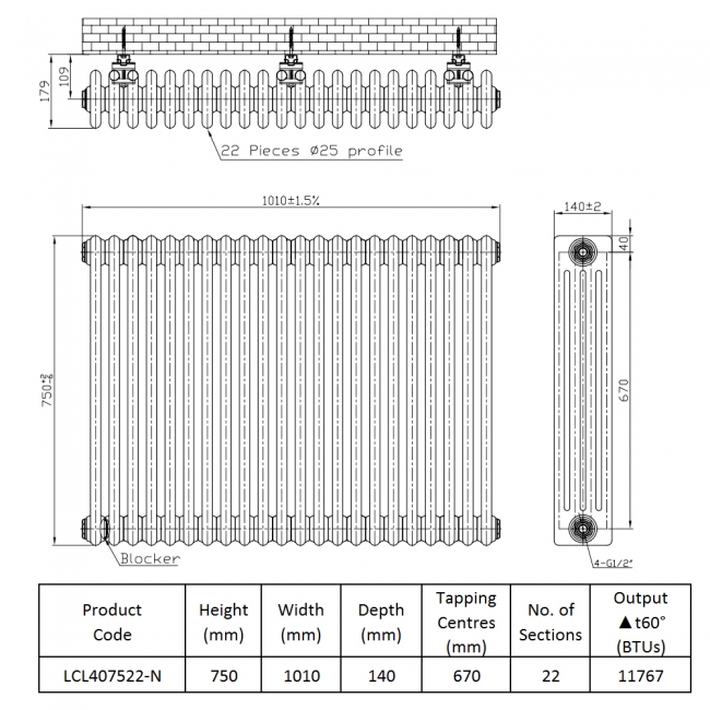 Prestige Tubular 4-Column Radiator 750mm H x 1010mm W 22 Sections - White
