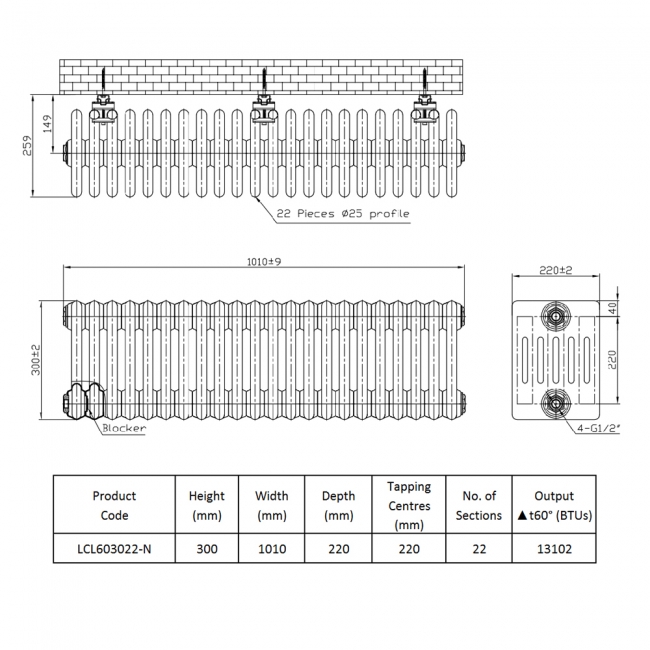 Prestige Tubular 6-Column Radiator 300mm H x 1010mm W 22 Sections - White