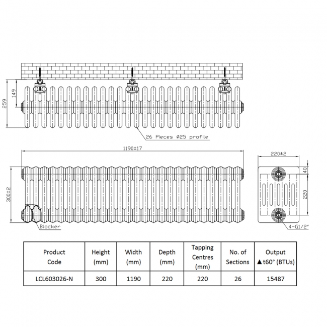 Prestige Tubular 6-Column Radiator 300mm H x 1190mm W 26 Sections - White