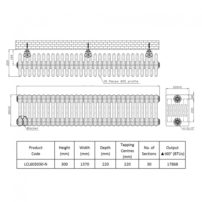 Prestige Tubular 6-Column Radiator 300mm H x 1370mm W 30 Sections - White