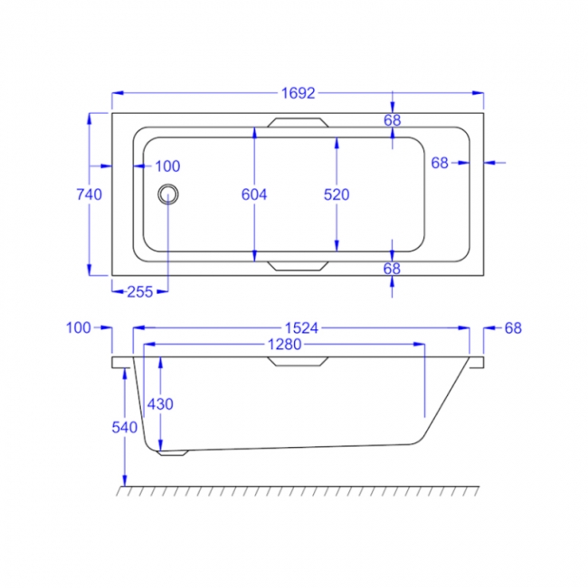 Prestige Luxe Gripped Rectangular Bath 1700mm x 750mm Single Ended