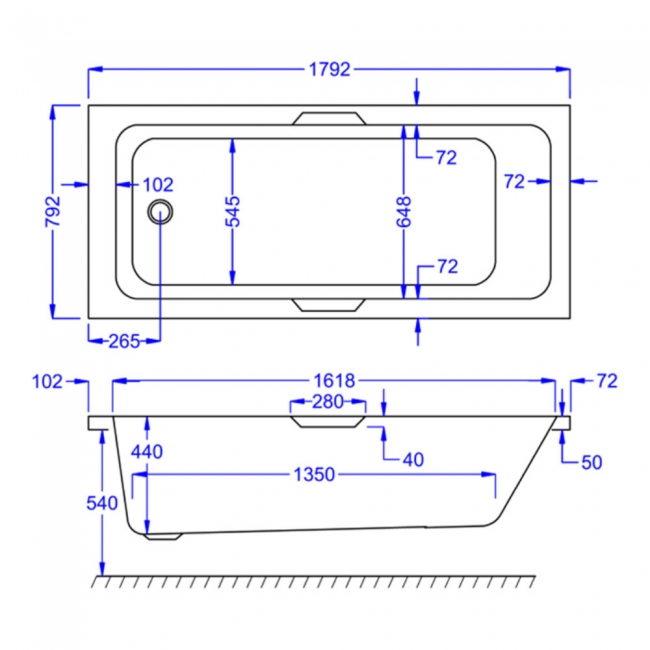 Prestige Luxe Gripped Rectangular Bath 1800mm x 800mm Single Ended