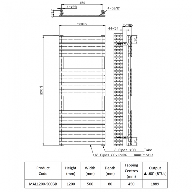 Prestige Malibu Designer Towel Rail 1200mm H x 500mm W - Brushed Brass