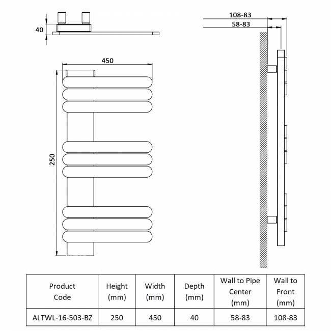 Prestige Manitoba Designer Heated Towel Rail 250mm H x 450mm W - Bronze  | Dimension Image