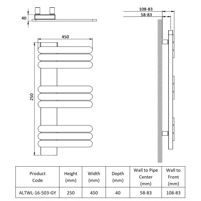 Prestige Manitoba Designer Heated Towel Rail 250mm H x 450mm W - Grey  | Dimension Image