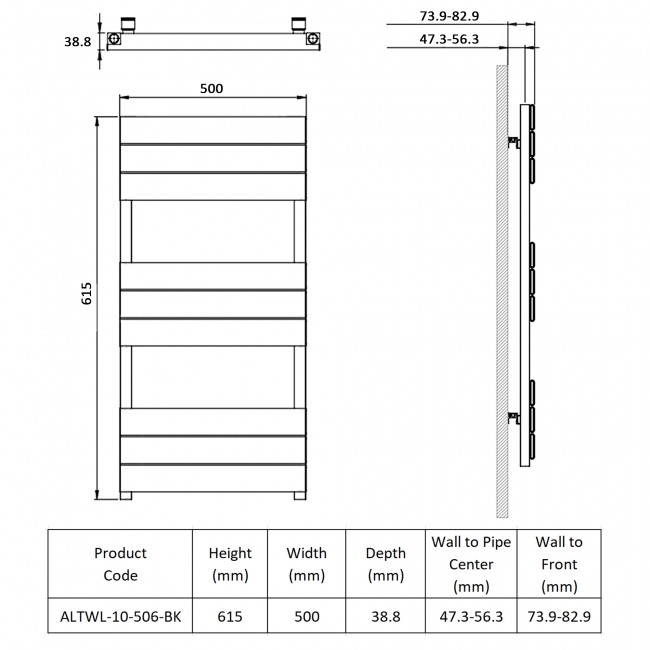 Prestige Maple Designer Heated Towel Rail 615mm H x 500mm W - Black  | Dimension Image