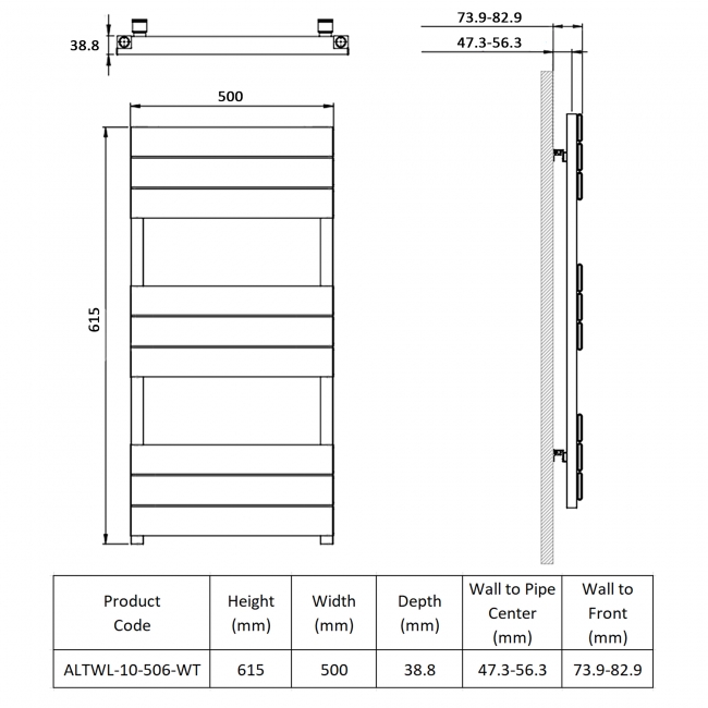 Prestige Maple Designer Heated Towel Rail 615mm H x 500mm W - White  | Dimension Image