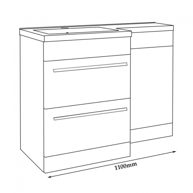 Prestige Matrix Left Handed 2 Drawer Combination Unit with L Shape Basin - 1100mm Wide - Grey Gloss  | Dimension Image