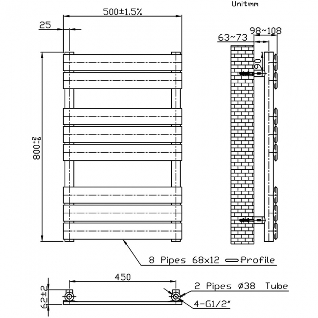 Prestige Memphis Designer Towel Rail 800mm H x 500mm W - Matt Black
